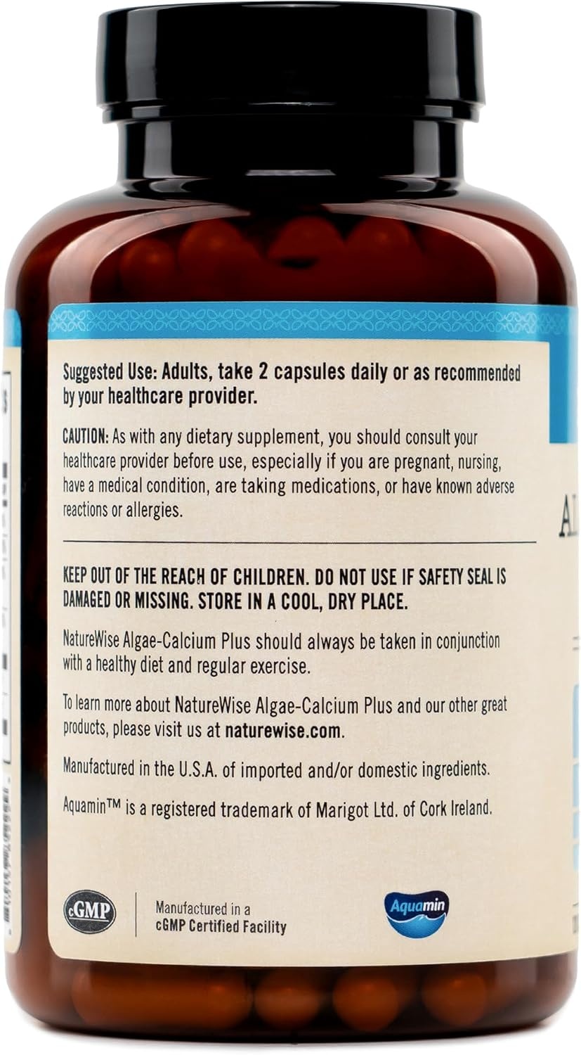 image:imageNatureWise Algae Calcium Plus with Aquamin Calcium Magnesium Vitamin C D3 and K2 Vegan Algae Calcium Supplements for Women amp Men Bone Health Support NonGMO 120 Capsules60Day Supply