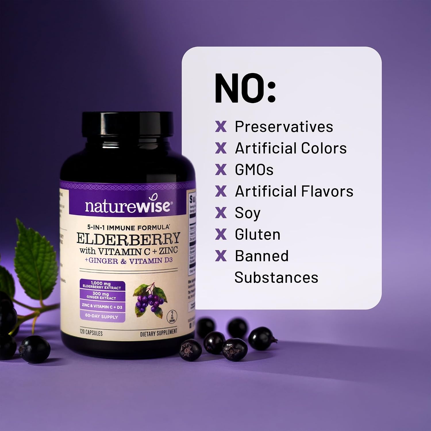 image:imageNatureWise Elderberry Vitamin C and Zinc for Adults Sambucus Black Elderberry and Ginger amp Vitamin D3 5000IU 5 in 1 Immune Support NonGMO USA Manufactured 120 Veggie Capsules60Day Supply