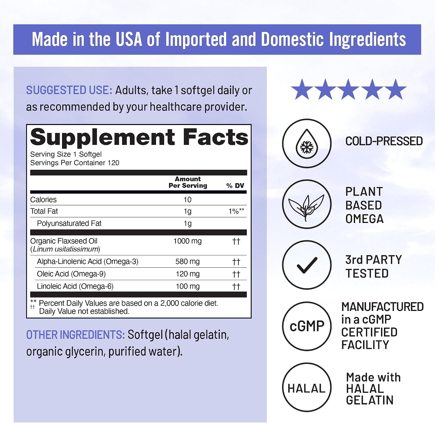 image:imageNatureWise Flaxseed Oil 1000 mg Fish Free Omega 3 with 580 mg ALA Plant Based Omega 3 6 9 Supplement Organic Cold Pressed NonGMO 120 Softgels120Day Supply
