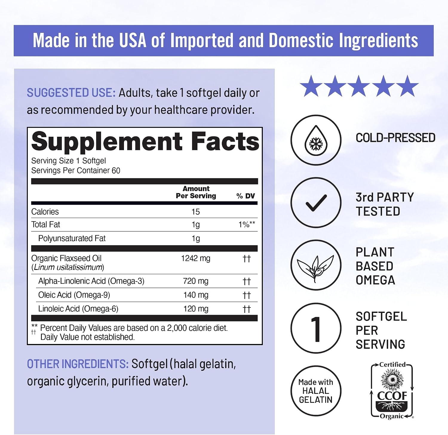 image:imageNatureWise Flaxseed Oil 1200 mg Fish Free Omega 3 6 9 with 720mg ALA Dietary Supplement for Heart Health Support Organic Cold Pressed 120 Softgels4Month Supply60 Count Pack of 1