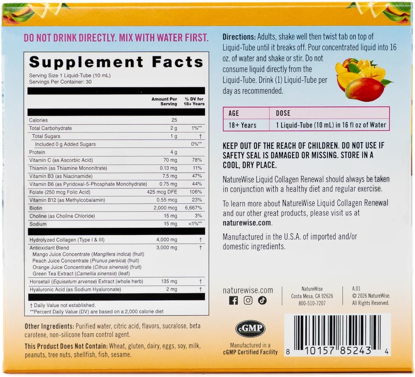 image:imageNatureWise Hydrolyzed Liquid Collagen for Women amp Men 4000mg High Absorption Type 1 amp 3 Peptides with Biotin Vitamin C Vitamin B Complex amp Hyaluronic Acid Mixed Berry 30 Tubes30 Day SupplyMango