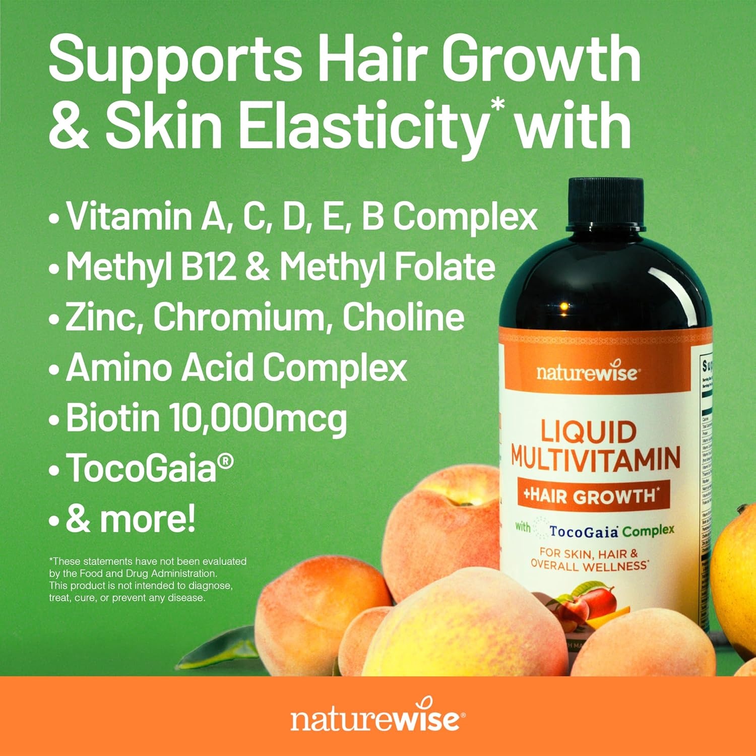 image:imageNatureWise Liquid Multivitamin Hair Growth for Women amp Men Tocogaia for Hair Growth amp Skin Elasticity Support Biotin Vitamin D E B Sugar Free Multivitamin Vegan 30 fl oz30 ServingsPeach Mango
