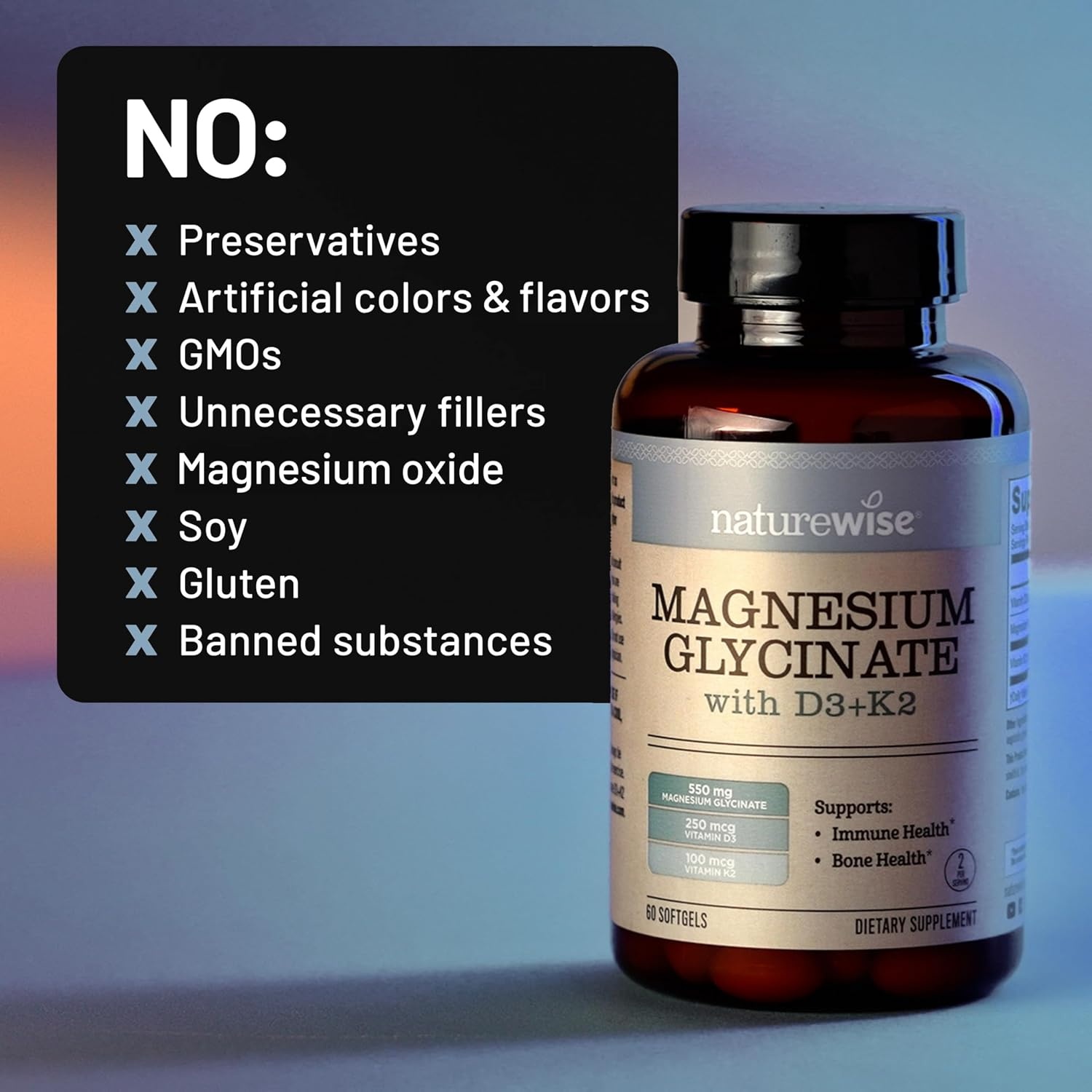 image:imageNatureWise Magnesium Glycinate 550mg 2000 IU Vitamin D3 K2 100 mcg D3 K2 Magnesium Supplement Chelated for High Absorption Bone Support NonGMO USA Manufactured 30Day Supply10000IU
