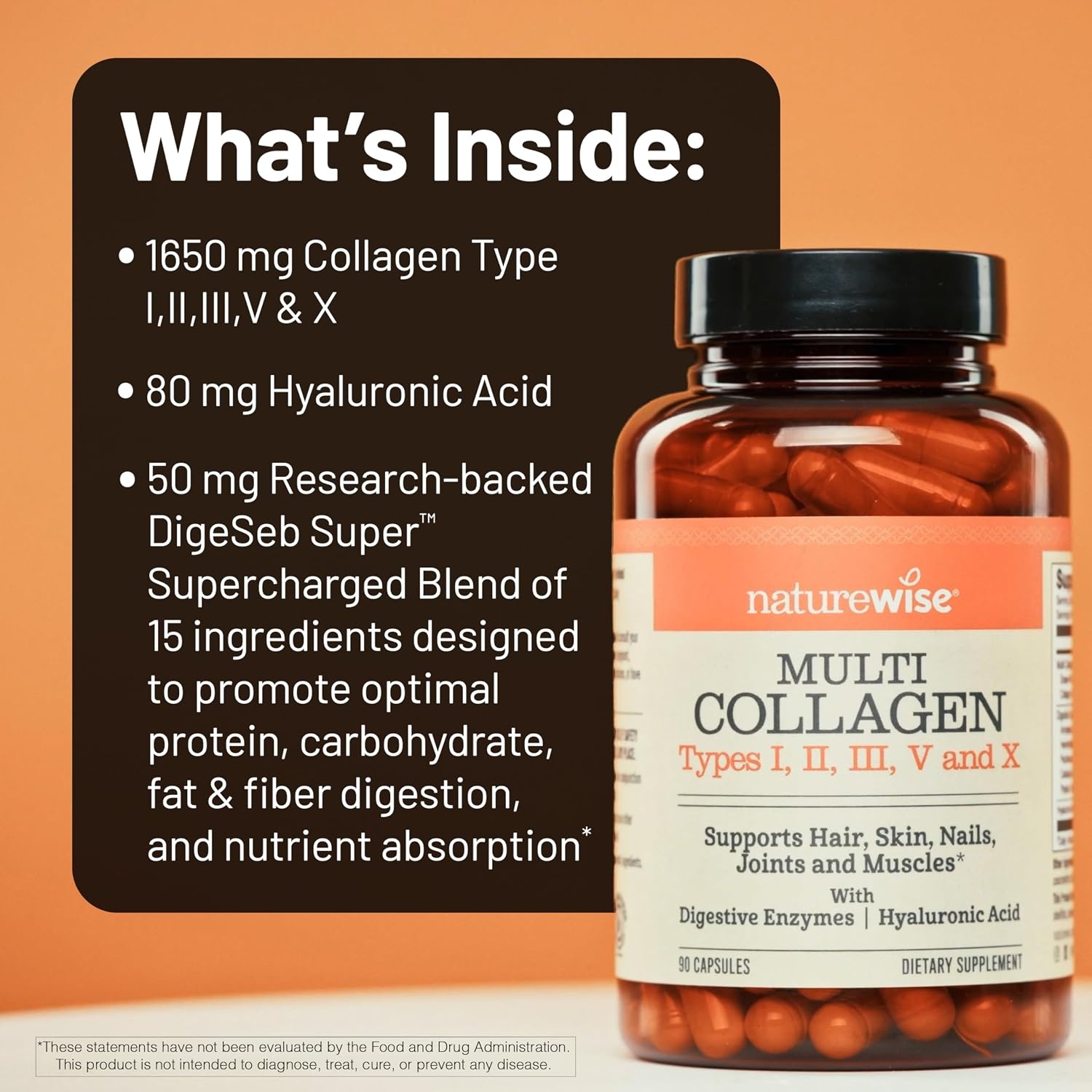 image:imageNatureWise Multi Collagen Peptides Pills for Women amp Men Type I II III V X wHyaluronic Acid Supports Skin Hair Joint Health Grass Fed Gluten Free NonGMO 90 Capsules30 Day Supply