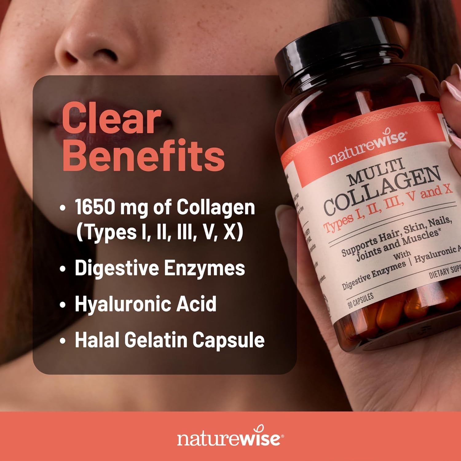 image:imageNatureWise Multi Collagen Peptides Pills for Women amp Men Type I II III V X wHyaluronic Acid Supports Skin Hair Joint Health Grass Fed Gluten Free NonGMO 90 Capsules30 Day Supply