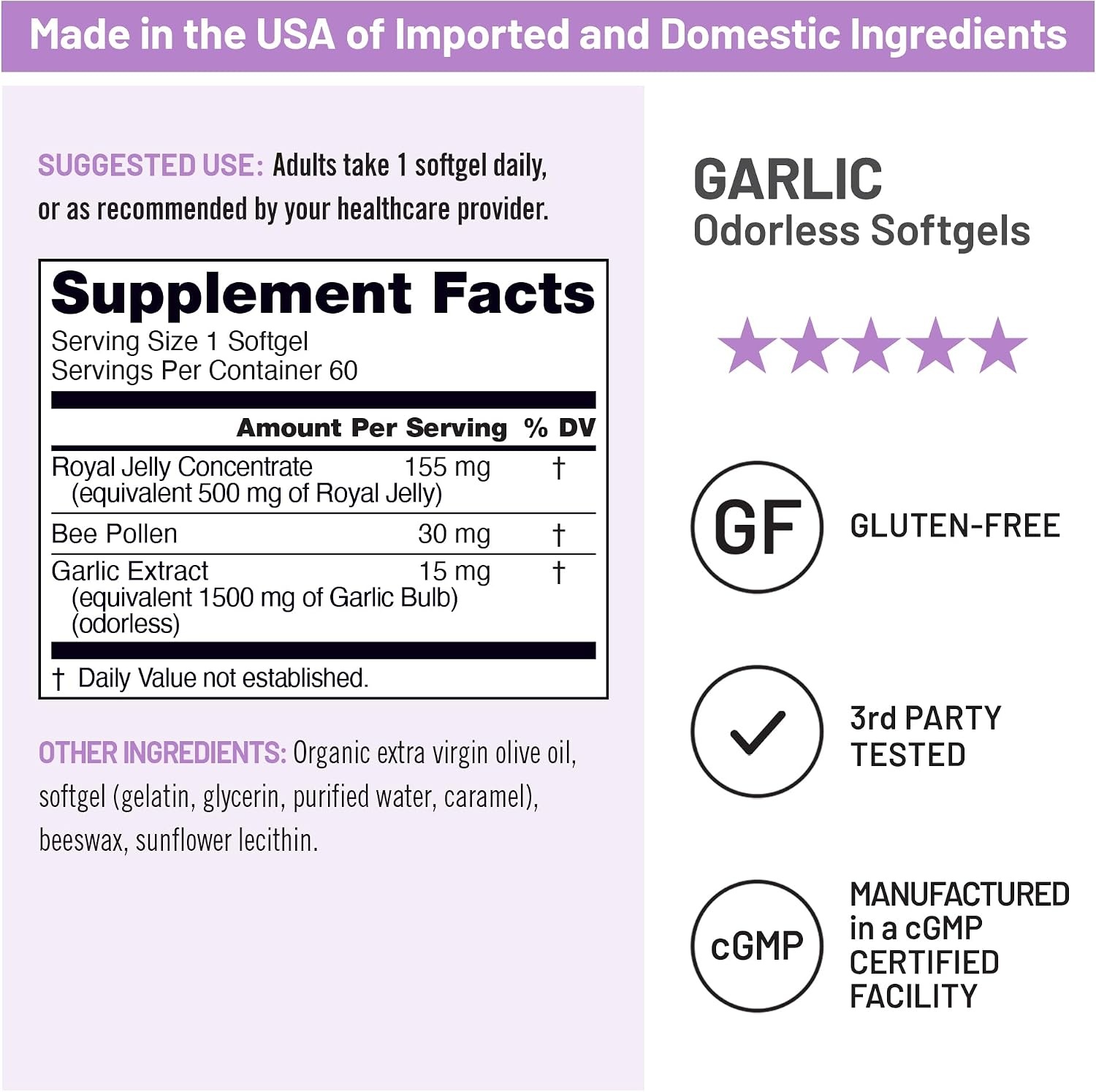 image:imageNatureWise Odorless Garlic Pills with Royal Bee Jelly amp Pollen Herbal Supplement for Heart Health Immune System Antioxidants Gluten Free NonGMO 60 Softgels 2Month Supply
