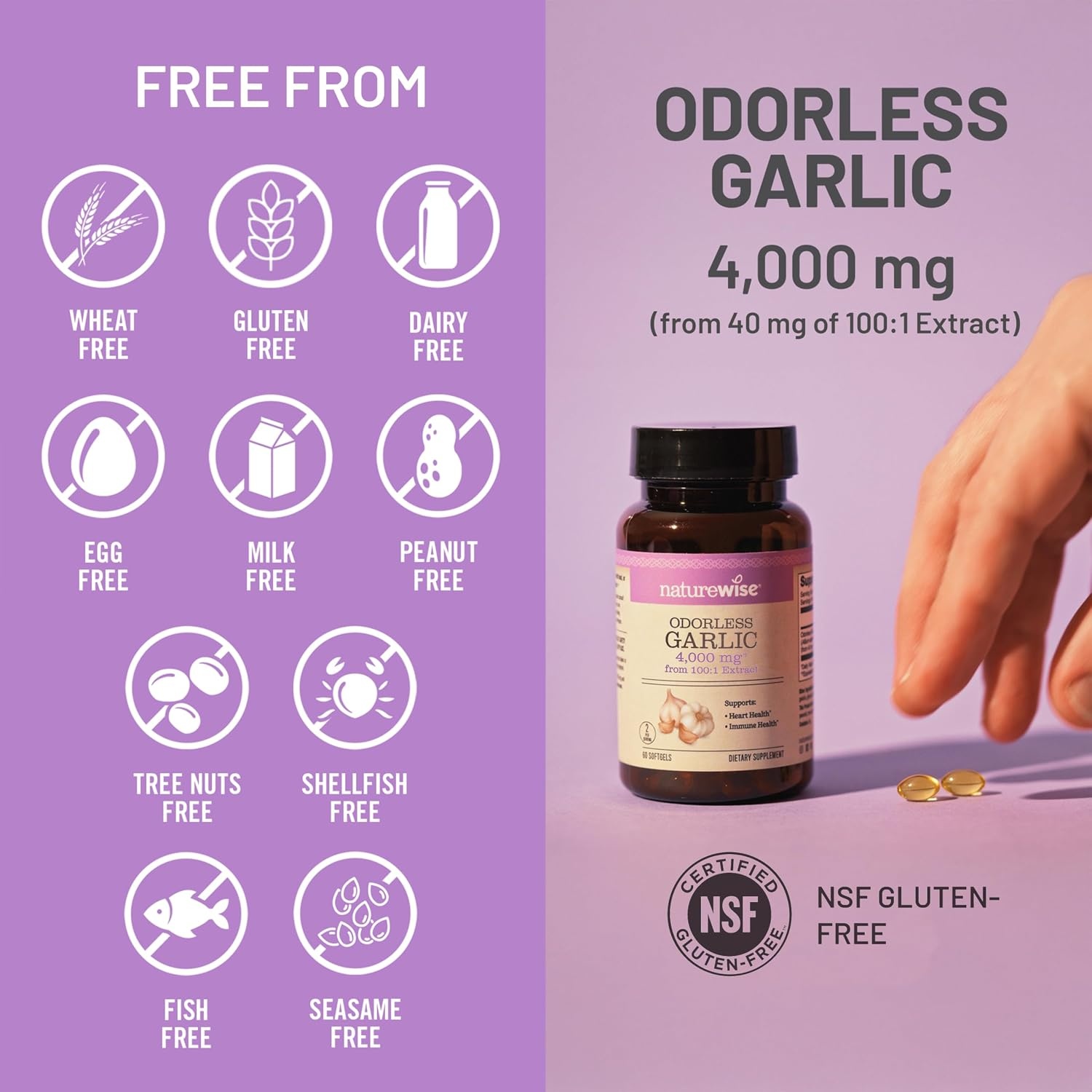 image:imageNatureWise Odorless Garlic Supplement 4000mg Ultra Potent 1001 Extract Healthy Cholesterol Formula Heart Health Support NonGMO Gluten Free with Halal Gelatin 60 Count30Day Supply180 Count Pack of 1