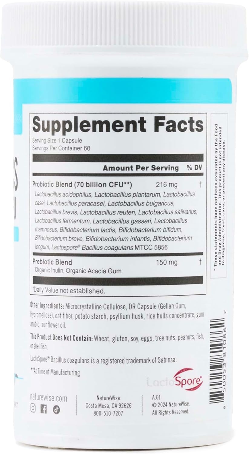 image:imageNatureWise Probiotics 60 Billion CFU 17 Strains Organic Prebiotics Immune Digestive amp Gut Health Support for Women amp Men Vegetarian GlutenFree NonGMO 30 Capsules1Month Supply70 BILLION CFU