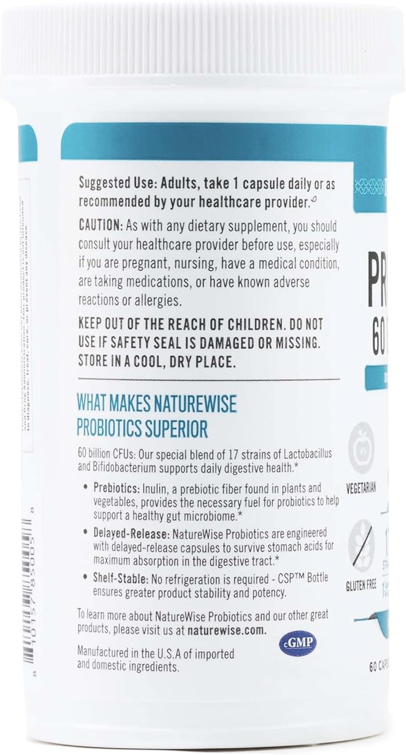 image:imageNatureWise Probiotics 60 Billion CFU 17 Strains Organic Prebiotics Immune Digestive amp Gut Health Support for Women amp Men Vegetarian GlutenFree NonGMO 30 Capsules1Month Supply60 BILLION CFU