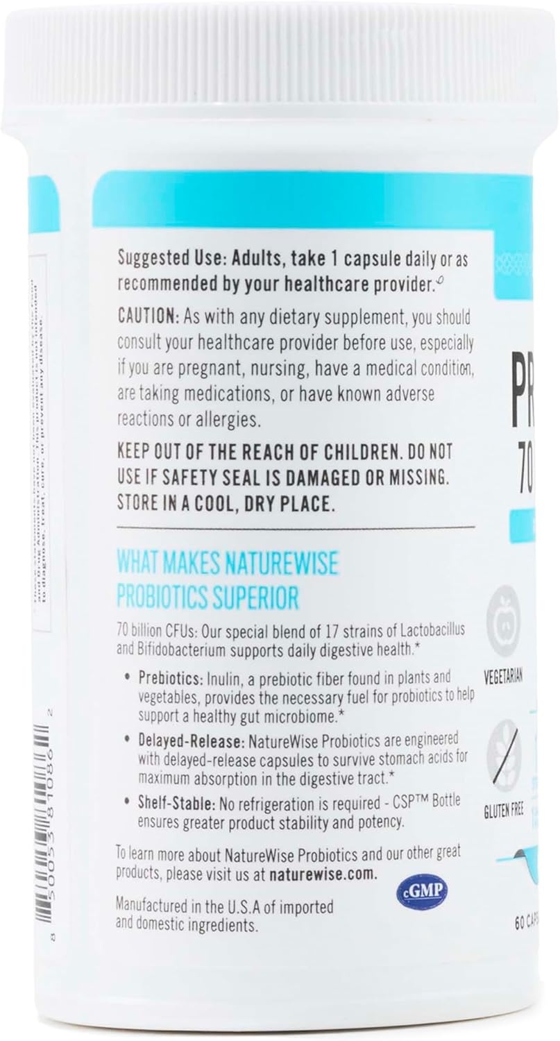 image:imageNatureWise Probiotics 60 Billion CFU 17 Strains Organic Prebiotics Immune Digestive amp Gut Health Support for Women amp Men Vegetarian GlutenFree NonGMO 30 Capsules1Month Supply70 BILLION CFU