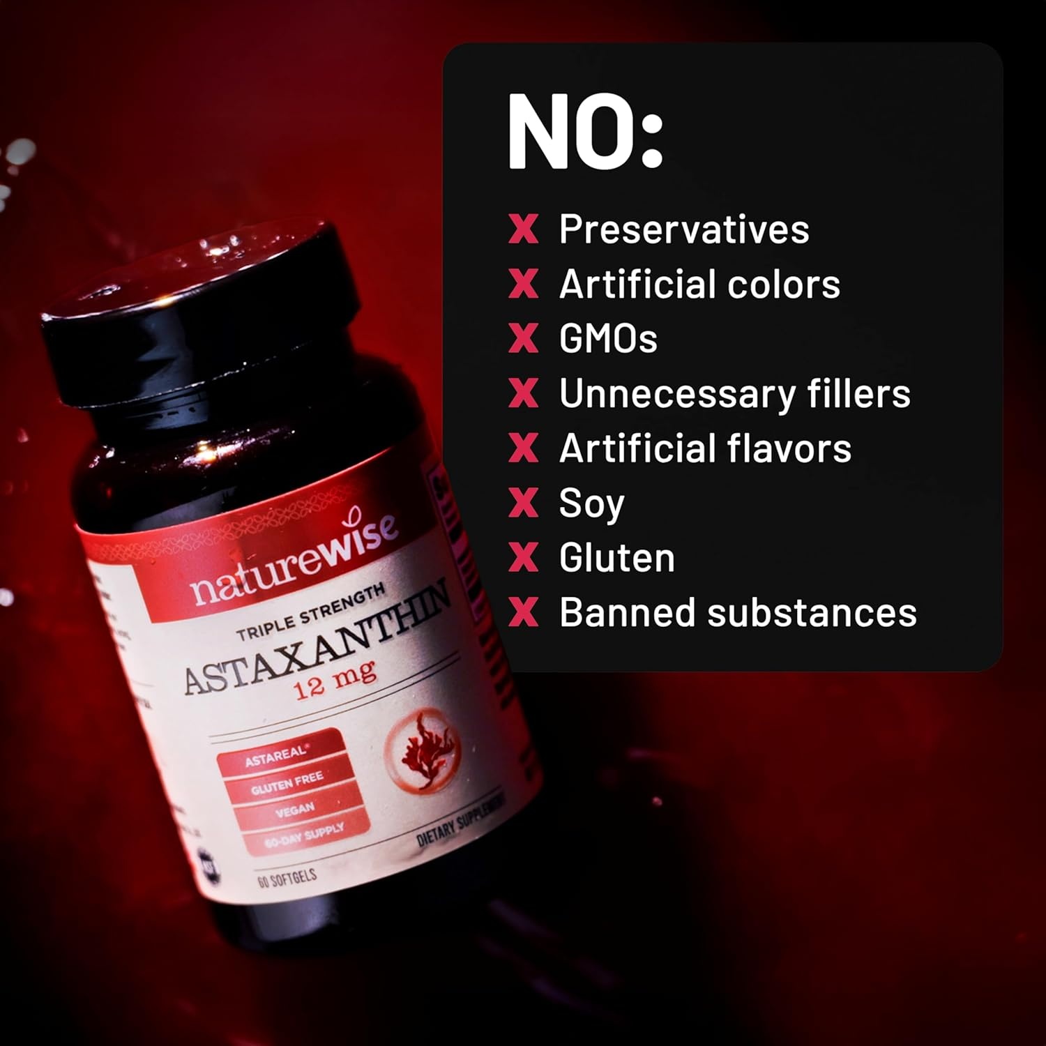 image:imageNatureWise Triple Strength Astaxanthin 12mg with AstaReal Vegan Antioxidant Supplement with Organic Coconut Oil NSF Certified Gluten Free 60 Softgels60 Day Supply