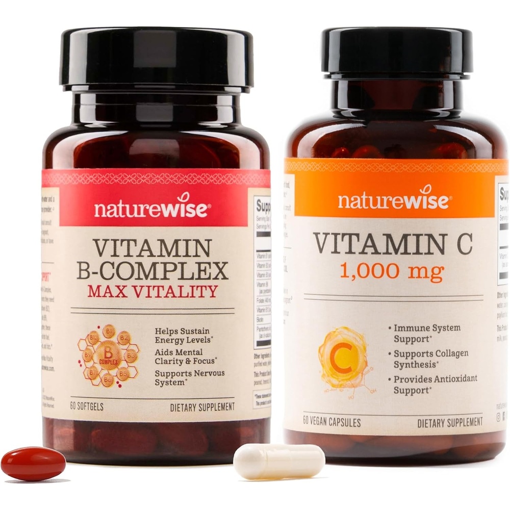 image:imageNatureWise B Complex Vitamins with Folic Acid 60 Count Extra Strength Vitamin C 1000mg Capsules 60 Count Bundle for Immune Energy Levels Heart Health Support Soy Dairy Gluten Free NonGMO