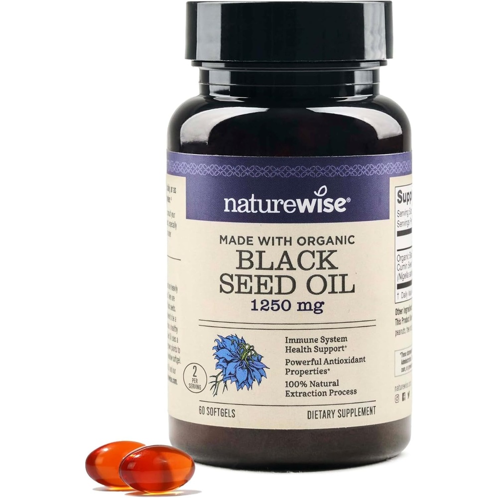image:imageNatureWise Black Seed Oil Softgels 1250 mg with 100 Organic Cold Pressed Nigella Sativa Omega 3 6 9 Antioxidant Immune Support Hair amp Skin NonGMO GlutenFree 60 Softgels1Month Supply