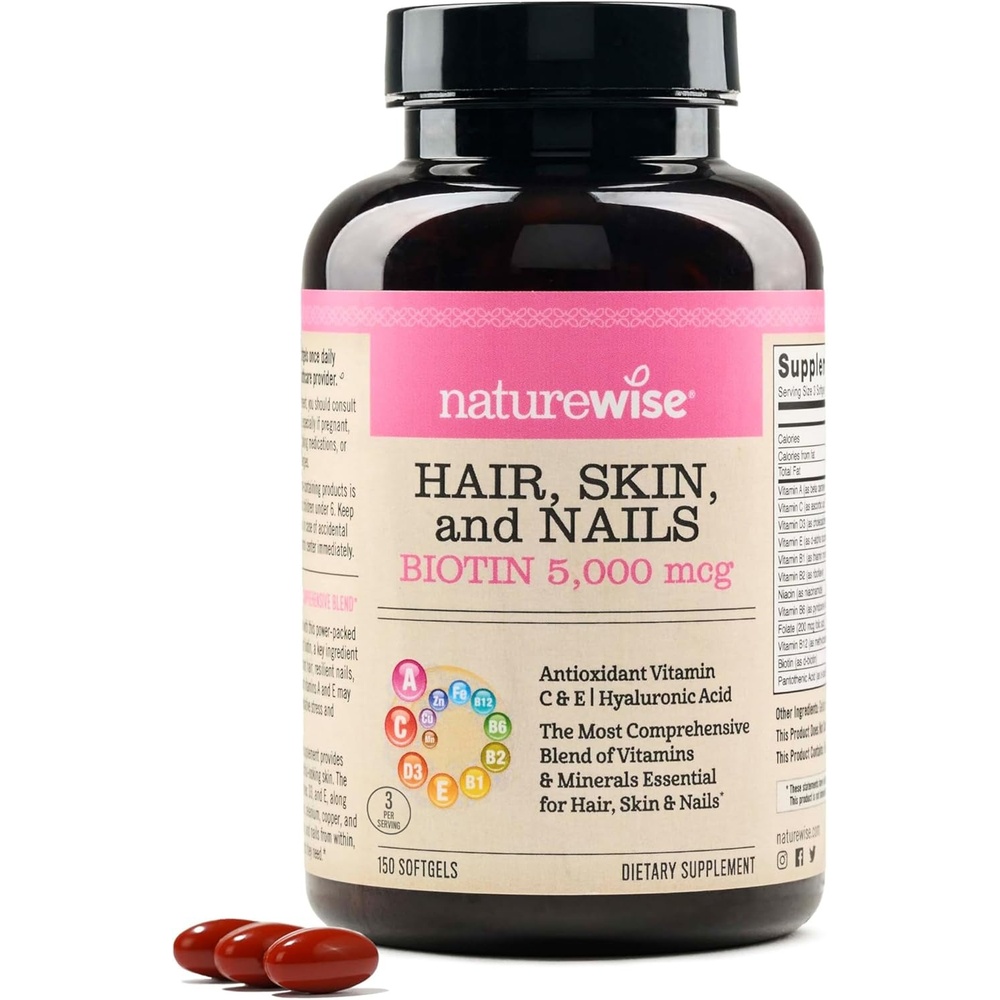 image:imageNatureWise Hair Skin and Nails Vitamin Biotin 5000mcg wHyaluronic Acid Collagen for Women with C B Complex D3 A E Iron NonGMO Gluten Free 150 Softgels50Day Supply150 Count Pack of 1